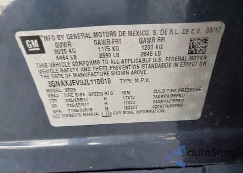 2018 Chevrolet Equinox Lt из США, поврежденный, VIN 3GNAXJEV9JL115010